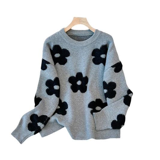 Women's Design Flower Loose Slimming Pullover Round Neck Sweater - PratSN