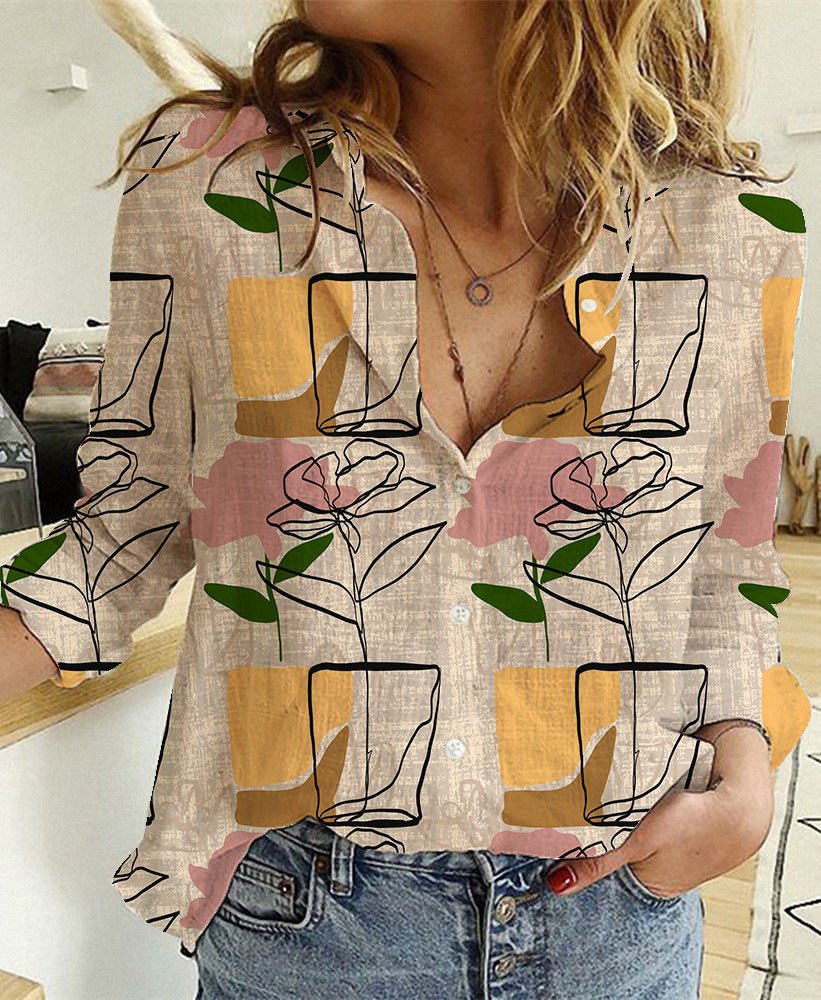 Women's Digital Printing Lapel Long Sleeve Shirt - PratSN