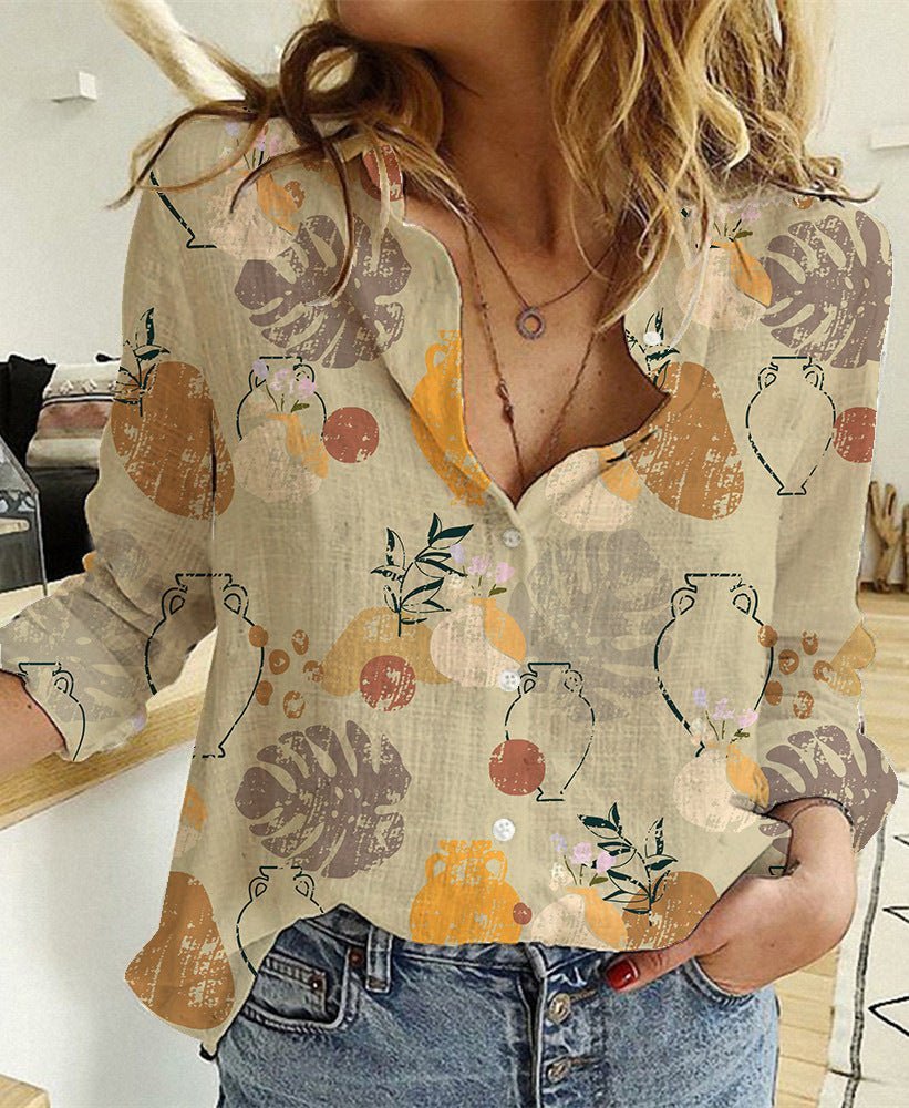 Women's Digital Printing Lapel Long Sleeve Shirt - PratSN