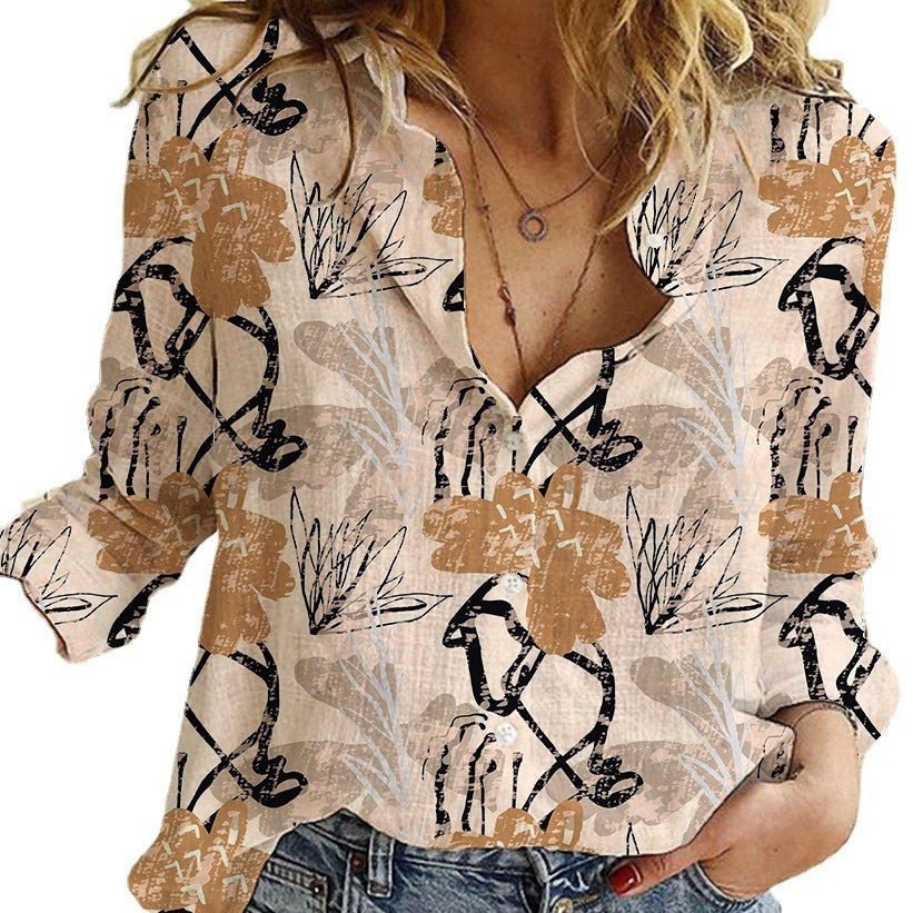 Women's Digital Printing Lapel Long Sleeve Shirt - PratSN