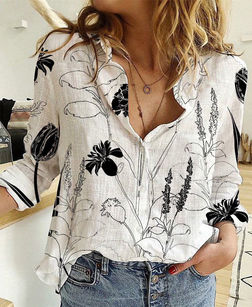 Women's Digital Printing Lapel Long Sleeve Shirt - PratSN