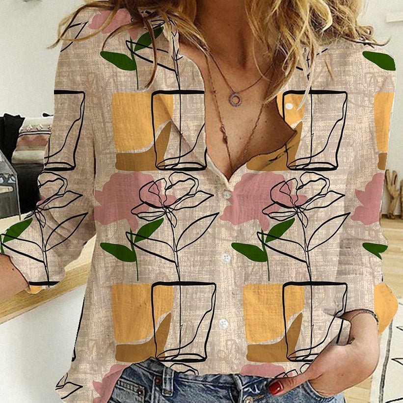 Women's Digital Printing Lapel Long Sleeve Shirt - PratSN