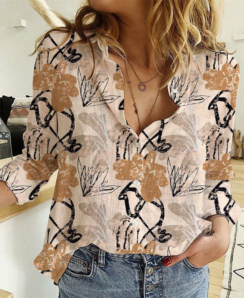 Women's Digital Printing Lapel Long Sleeve Shirt - PratSN
