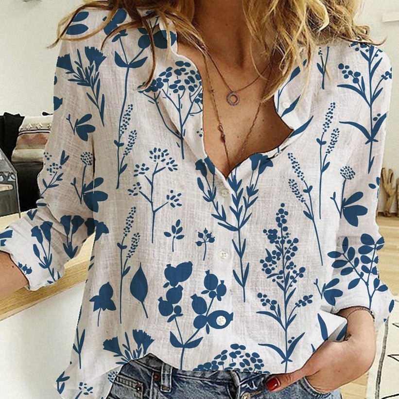 Women's Digital Printing Lapel Long Sleeve Shirt - PratSN