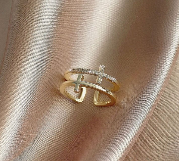 Women's Double Cross Miniature Copper Inlaid Zircon Ring - PratSN