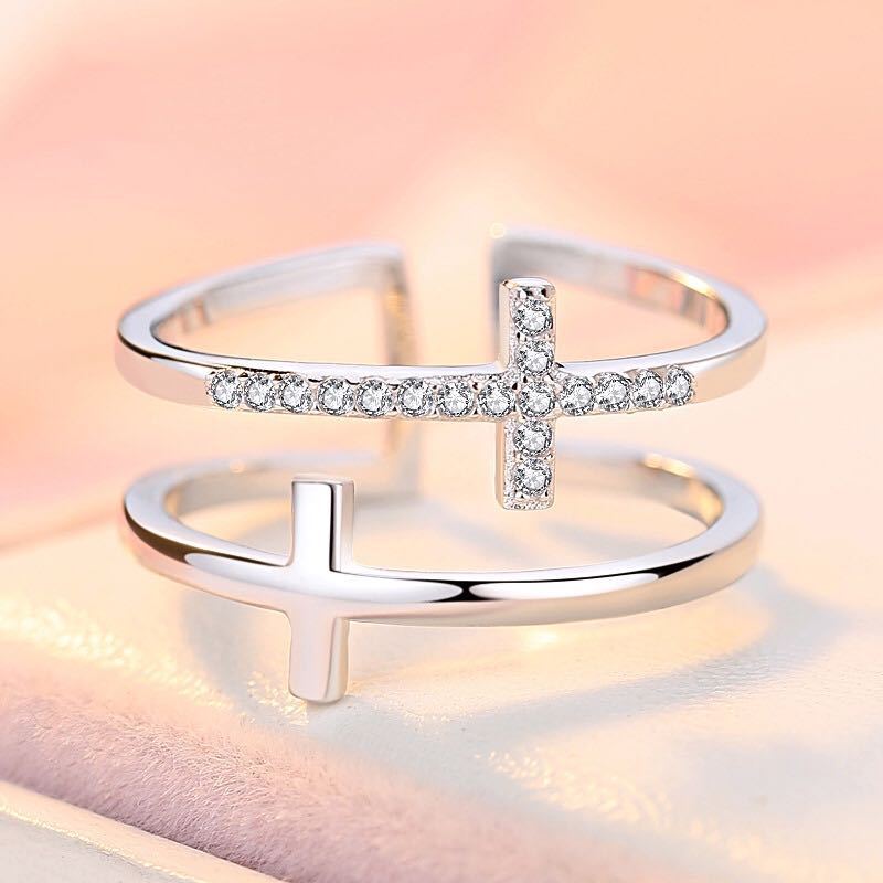 Women's Double Cross Miniature Copper Inlaid Zircon Ring - PratSN