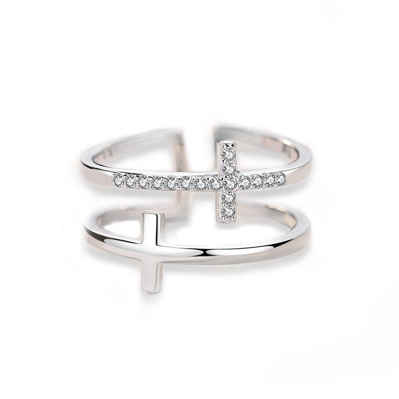 Women's Double Cross Miniature Copper Inlaid Zircon Ring - PratSN