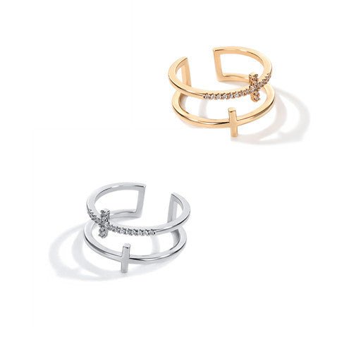 Women's Double Cross Miniature Copper Inlaid Zircon Ring - PratSN