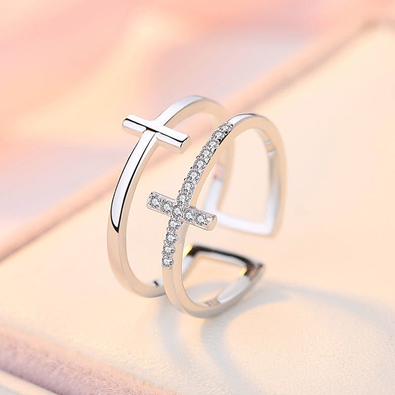 Women's Double Cross Miniature Copper Inlaid Zircon Ring - PratSN