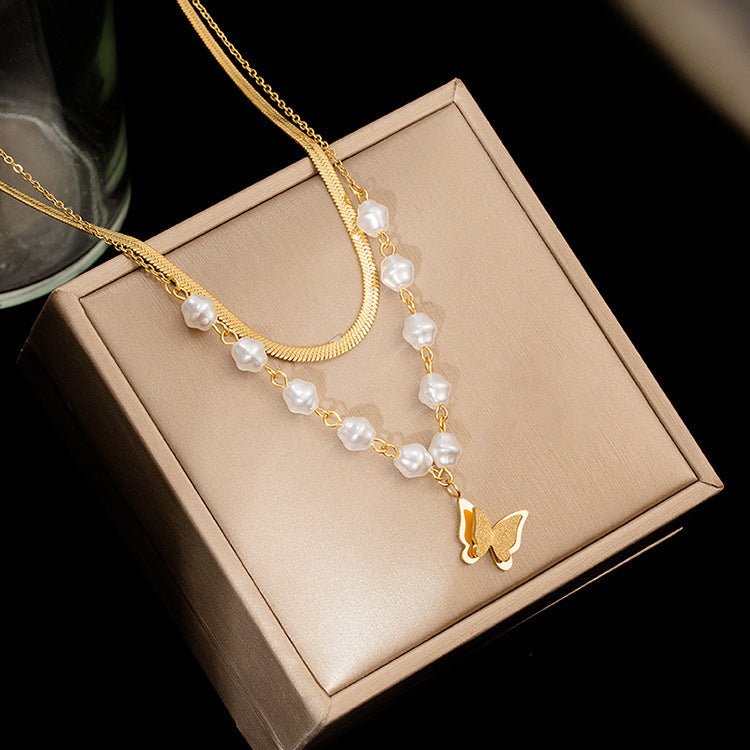 Women's Double Layer Twin Pearl Necklace Hip Hop Butterfly - PratSN