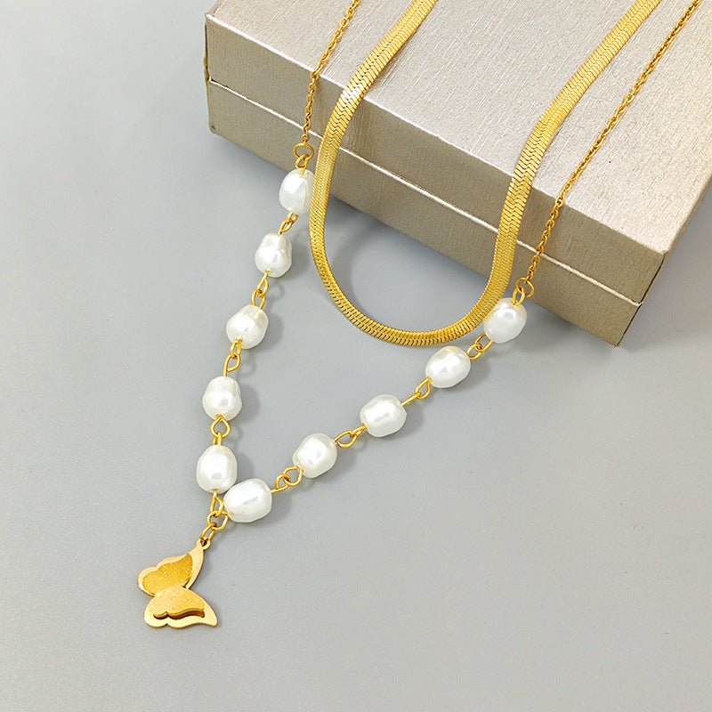 Women's Double Layer Twin Pearl Necklace Hip Hop Butterfly - PratSN