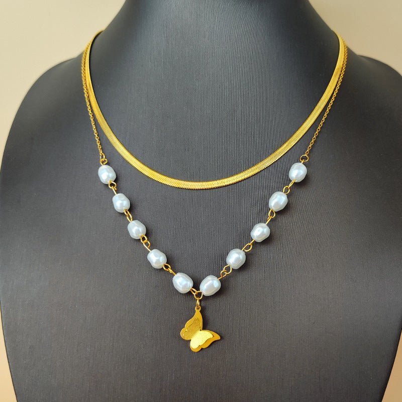 Women's Double Layer Twin Pearl Necklace Hip Hop Butterfly - PratSN