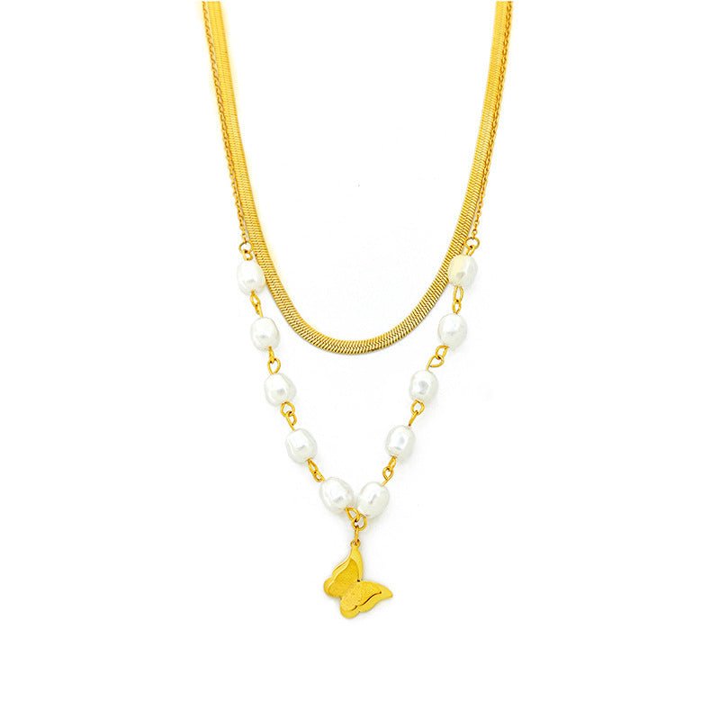 Women's Double Layer Twin Pearl Necklace Hip Hop Butterfly - PratSN