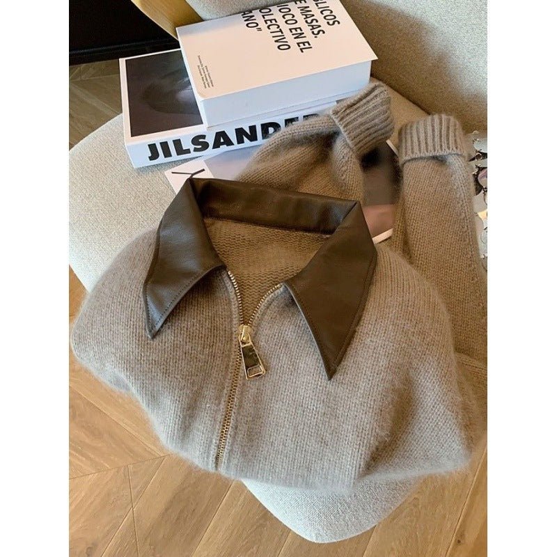 Women's Double Zipper Short Sweater With Leather Collar - PratSN