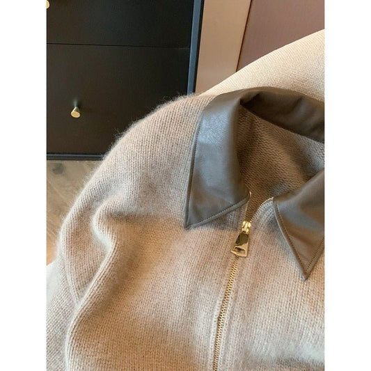 Women's Double Zipper Short Sweater With Leather Collar - PratSN