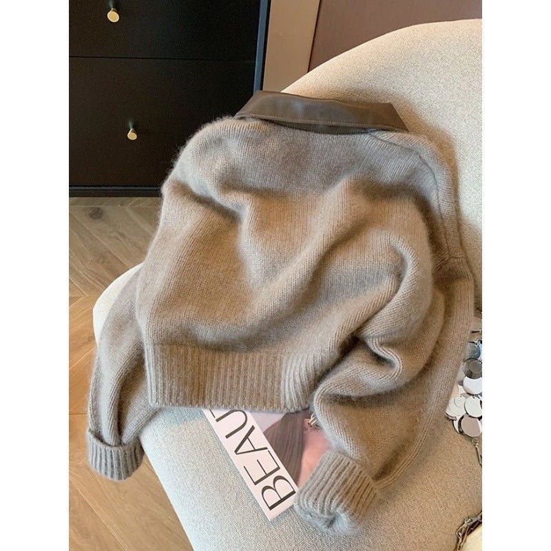 Women's Double Zipper Short Sweater With Leather Collar - PratSN