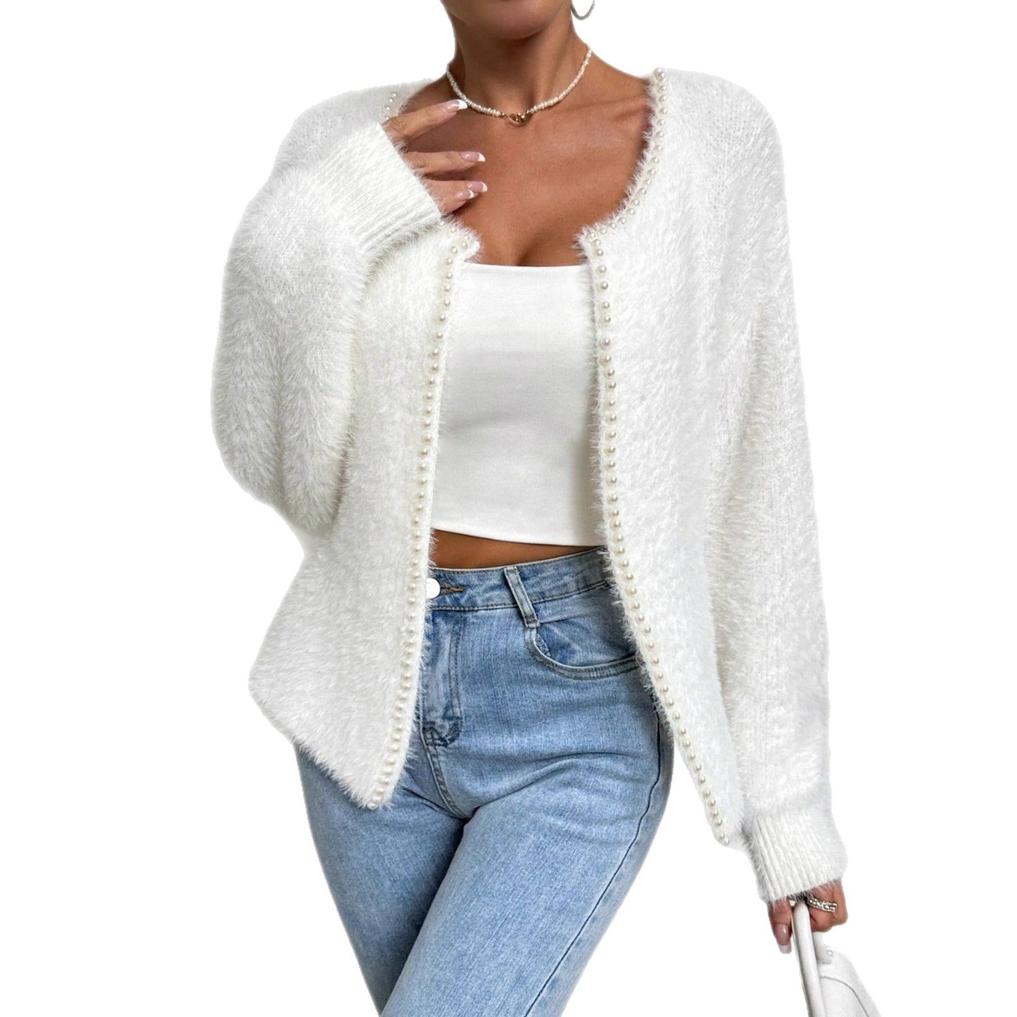 Women's Elegant Cardigan Sweater Solid Color And V - neck Fashion Bead Knitwear Coat - PratSN