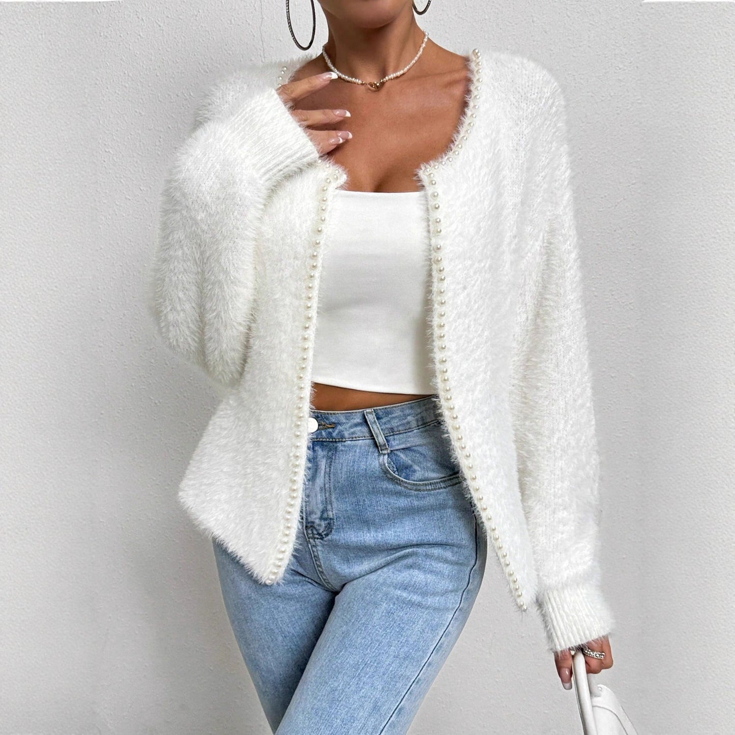 Women's Elegant Cardigan Sweater Solid Color And V - neck Fashion Bead Knitwear Coat - PratSN