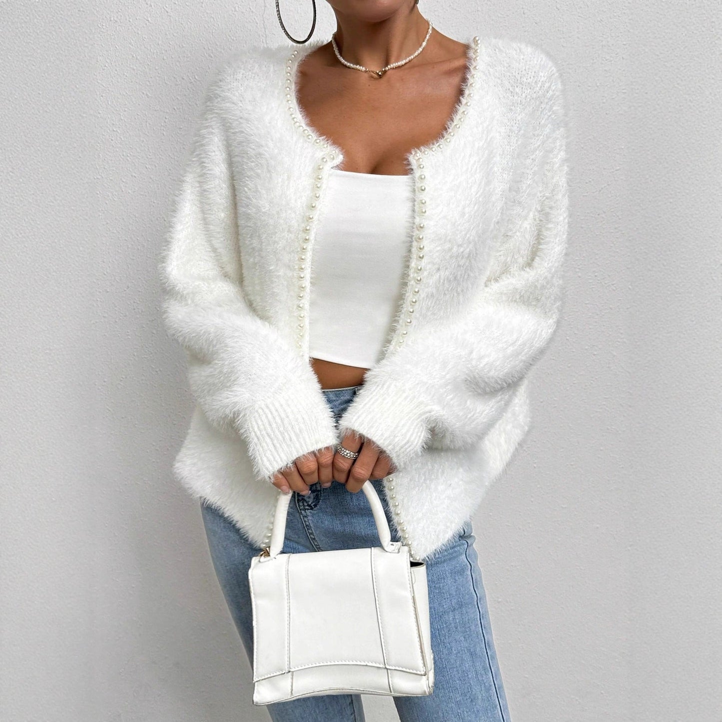 Women's Elegant Cardigan Sweater Solid Color And V - neck Fashion Bead Knitwear Coat - PratSN