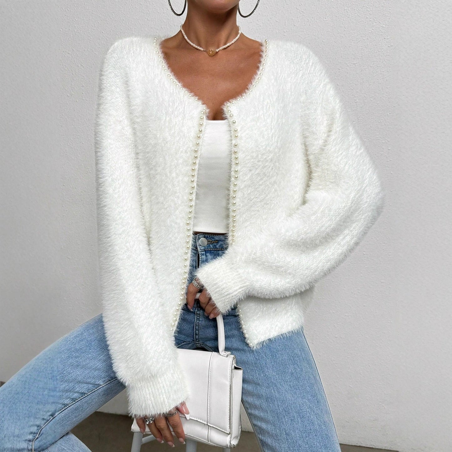 Women's Elegant Cardigan Sweater Solid Color And V - neck Fashion Bead Knitwear Coat - PratSN