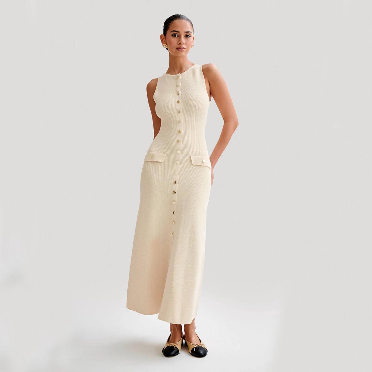 Women's Elegant Knitted Sleeveless Dress Slim Round Neck Long Dresses - PratSN