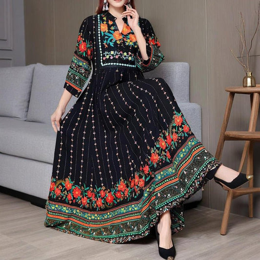 Women's Ethnic Style V - Neck Long Sleeve Dress - Embroidered Floral Pattern A - Line Maxi Dress With Printed - PratSN