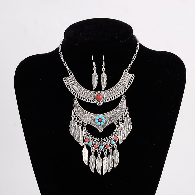 Women's European And American Retro Multi - layer Alloy Tassel Leaves Necklace And Earrings Set - PratSN