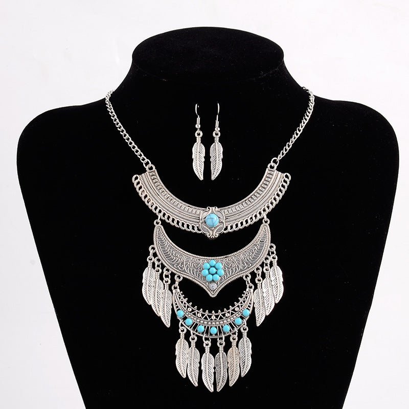 Women's European And American Retro Multi - layer Alloy Tassel Leaves Necklace And Earrings Set - PratSN
