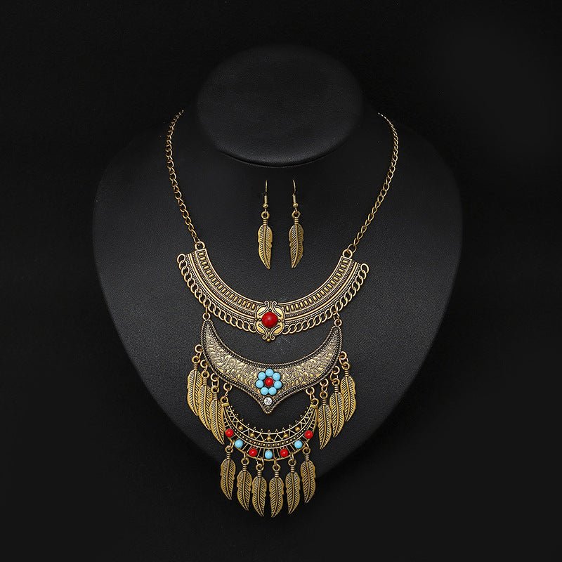 Women's European And American Retro Multi - layer Alloy Tassel Leaves Necklace And Earrings Set - PratSN
