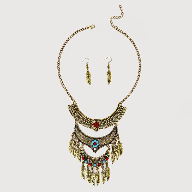 Women's European And American Retro Multi - layer Alloy Tassel Leaves Necklace And Earrings Set - PratSN