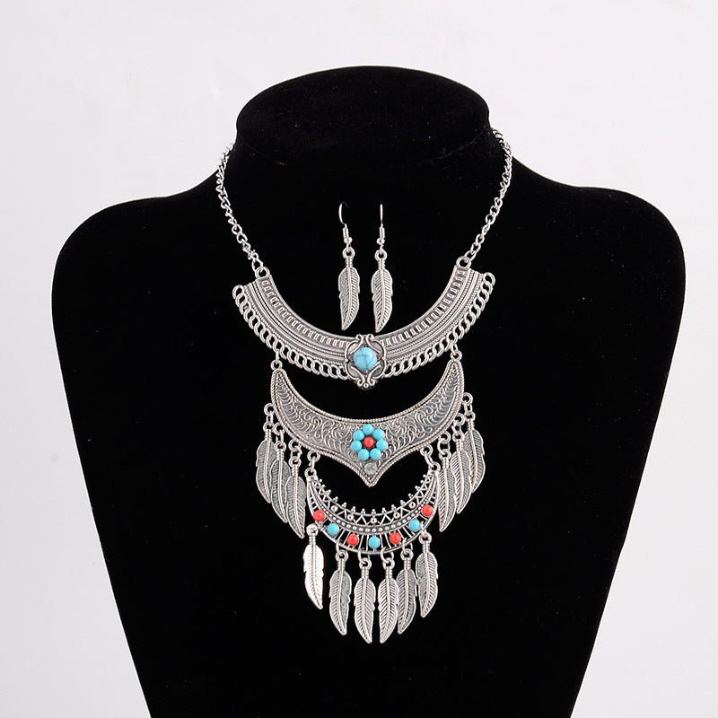 Women's European And American Retro Multi - layer Alloy Tassel Leaves Necklace And Earrings Set - PratSN