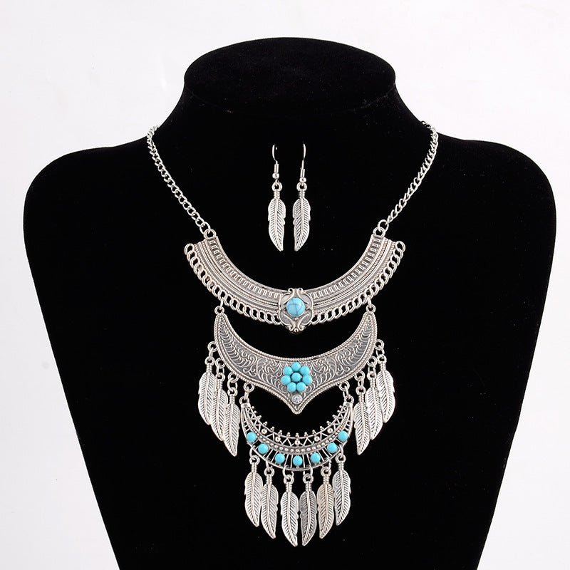Women's European And American Retro Multi - layer Alloy Tassel Leaves Necklace And Earrings Set - PratSN