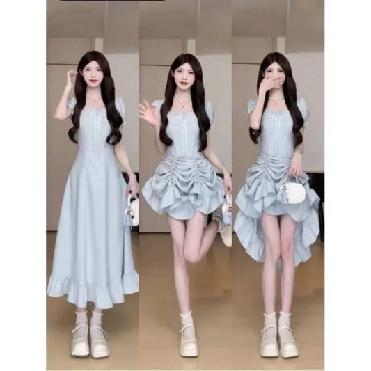 Women's Fashion 1 Dress Four Wear Method Lady Graceful Retro Square Collar Short Sleeve Black Dresses 2025 New Dinner Party Gown - PratSN