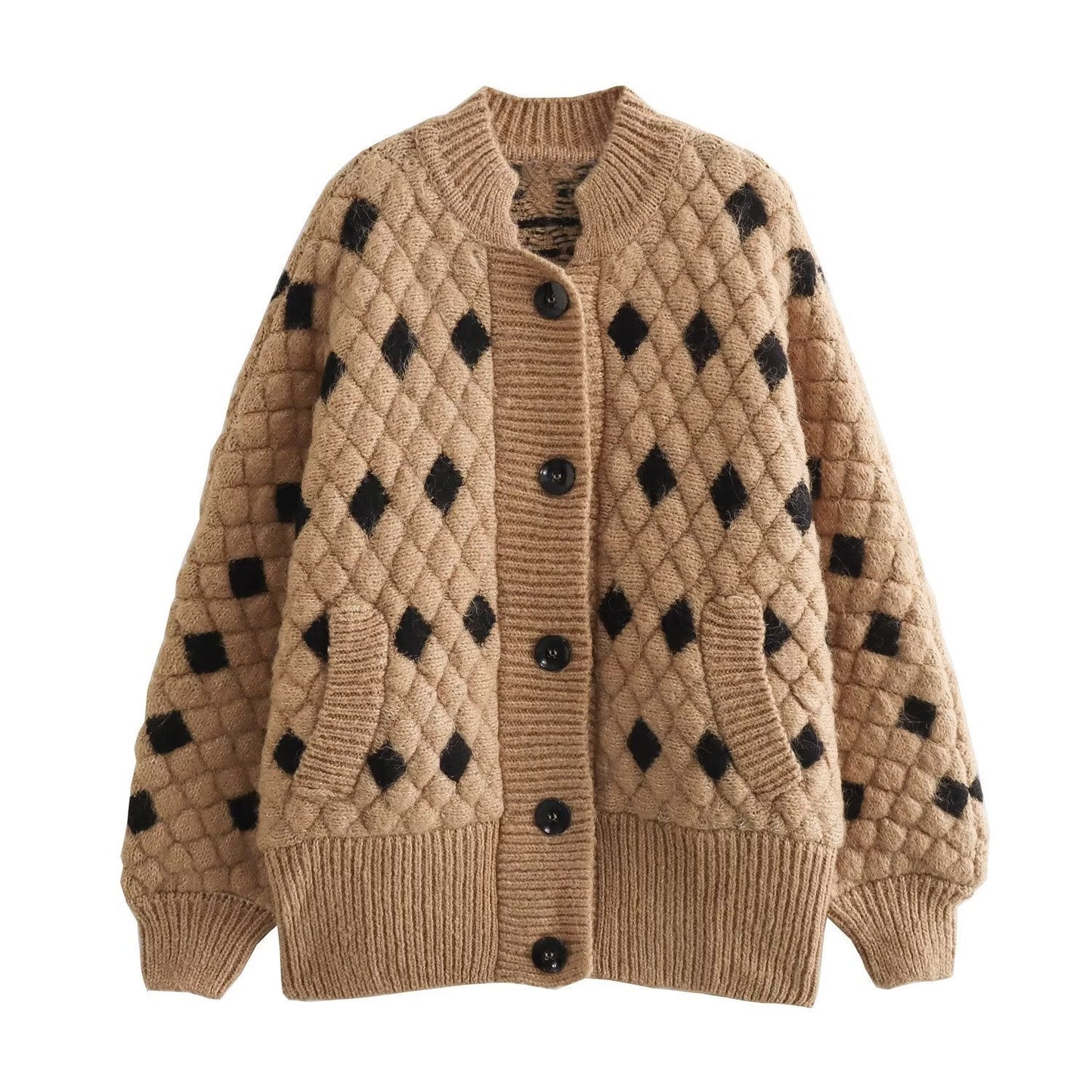 women's Fashion Diamond Lattice Long Sleeve Knitted Double Breasted Cardigan - PratSN