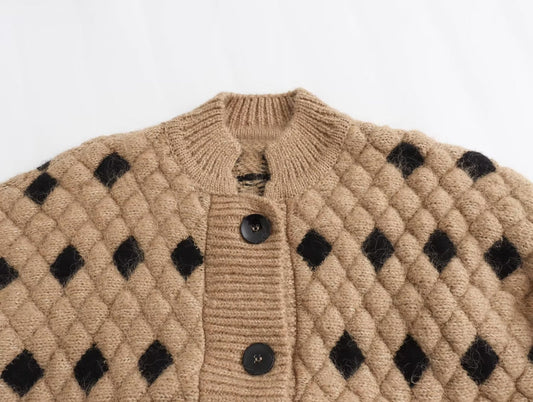 women's Fashion Diamond Lattice Long Sleeve Knitted Double Breasted Cardigan - PratSN