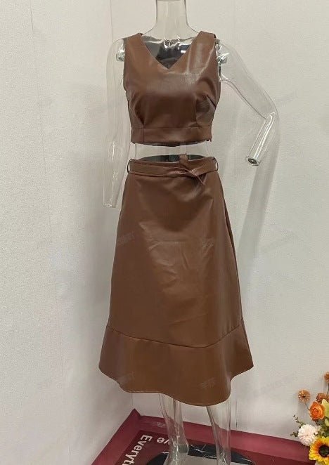 Women's Fashion Leather Sleeveless Midriff - baring Top High Waist Skirt Suit - PratSN
