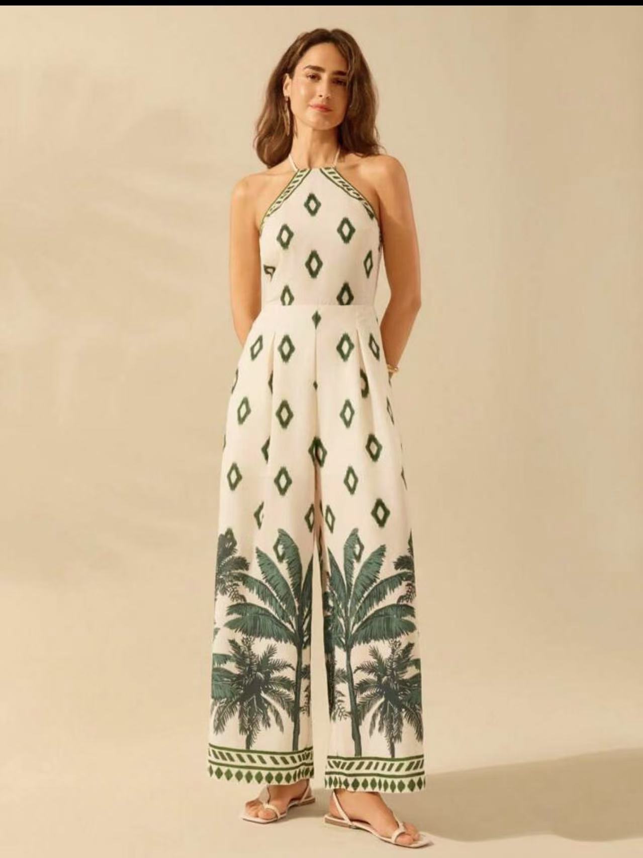 Women's Fashion Printed Sleeveless Halter Wide Leg Jumpsuit - PratSN