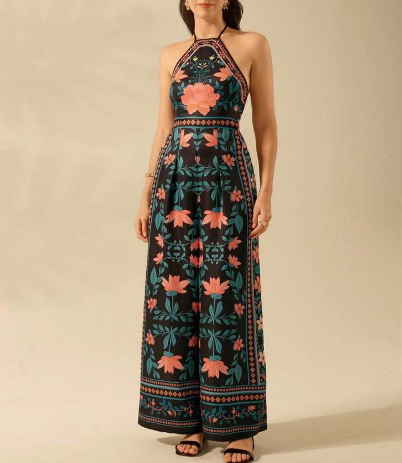 Women's Fashion Printed Sleeveless Halter Wide Leg Jumpsuit - PratSN