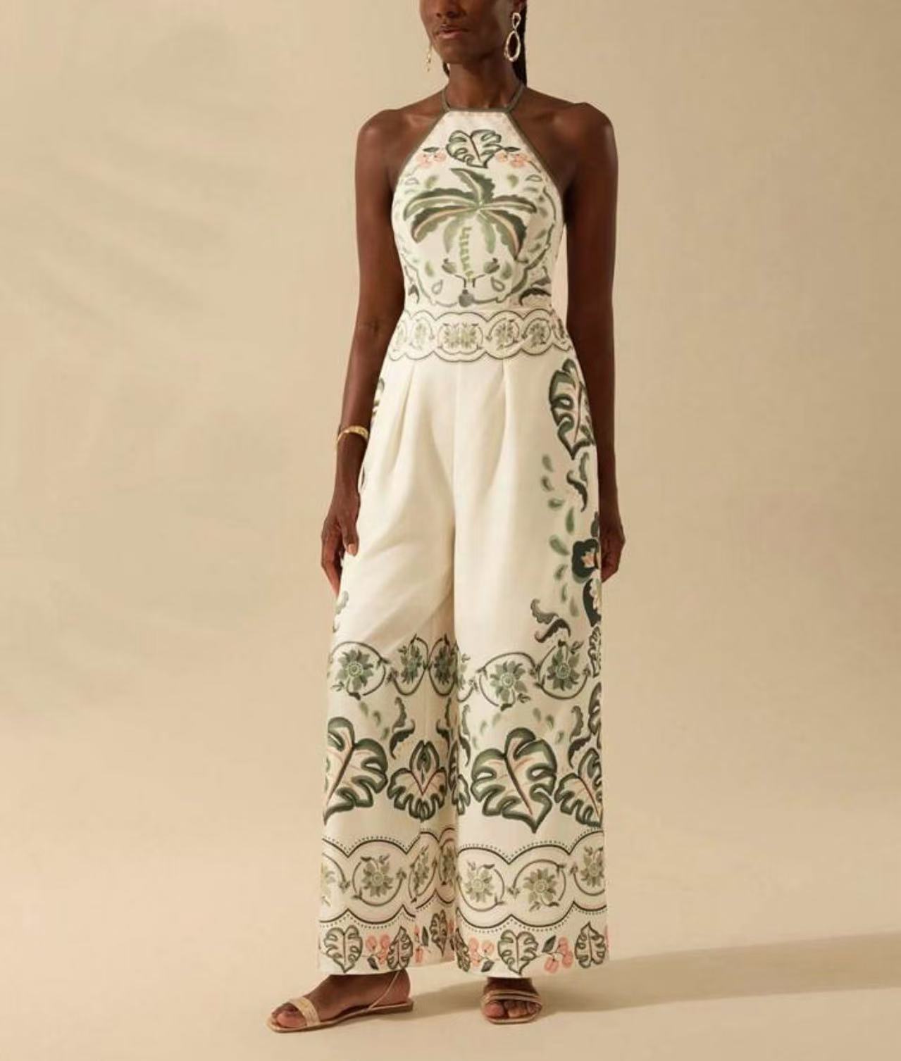 Women's Fashion Printed Sleeveless Halter Wide Leg Jumpsuit - PratSN