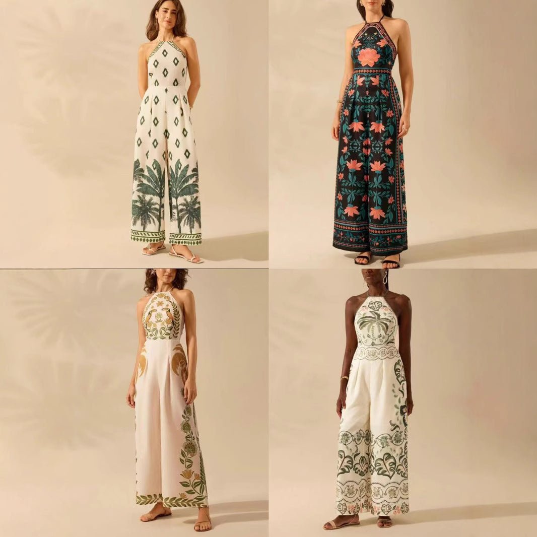 Women's Fashion Printed Sleeveless Halter Wide Leg Jumpsuit - PratSN