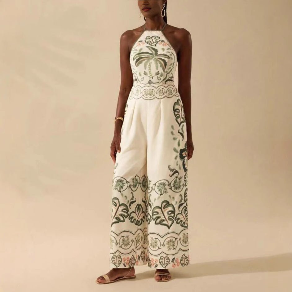 Women's Fashion Printed Sleeveless Halter Wide Leg Jumpsuit - PratSN