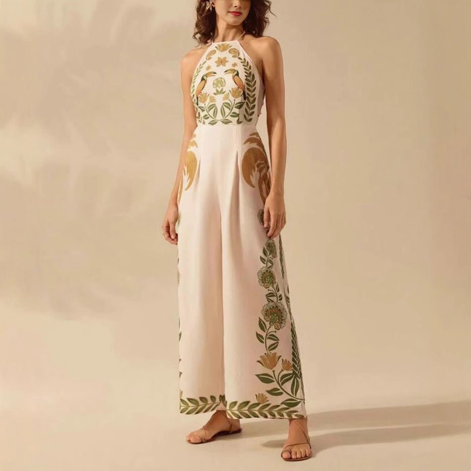 Women's Fashion Printed Sleeveless Halter Wide Leg Jumpsuit - PratSN
