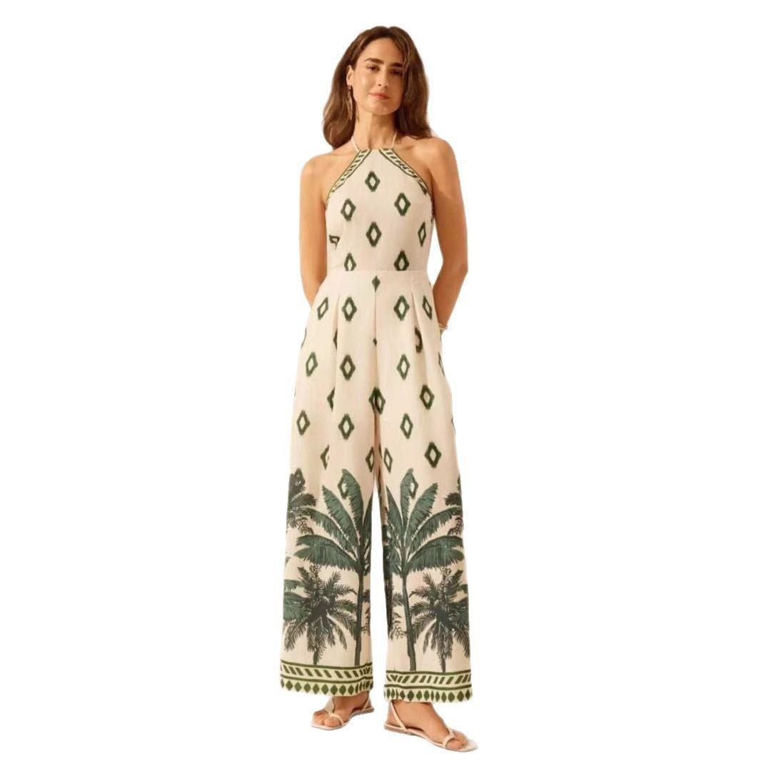 Women's Fashion Printed Sleeveless Halter Wide Leg Jumpsuit - PratSN