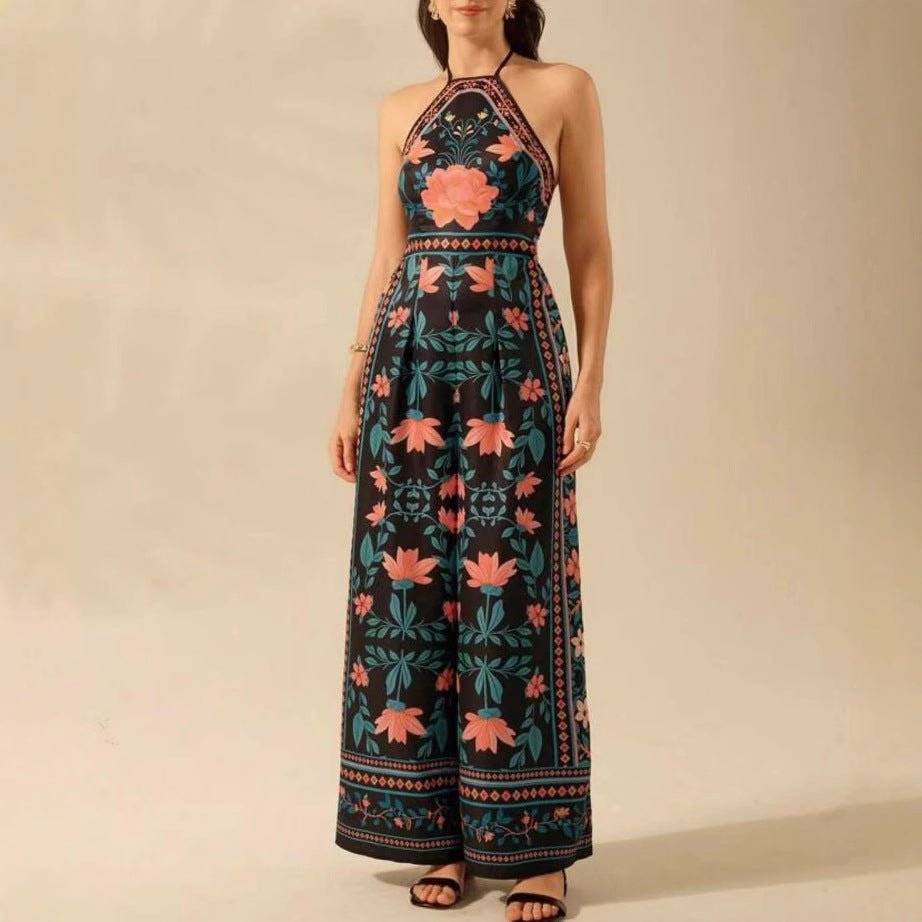 Women's Fashion Printed Sleeveless Halter Wide Leg Jumpsuit - PratSN