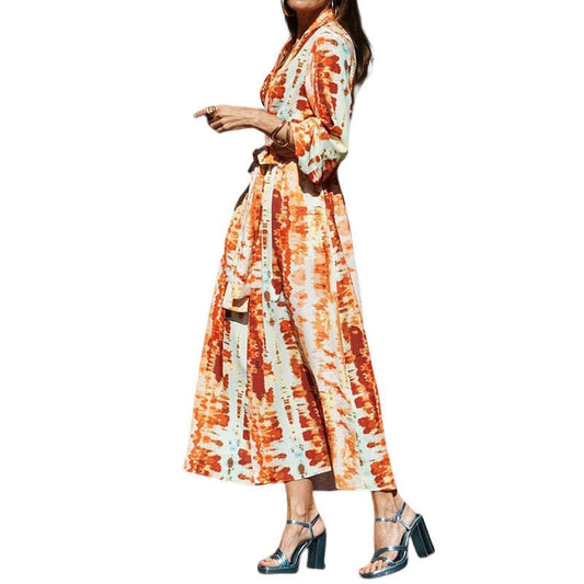 Women's Fashion Printed V - neck Belt Midi Dress - PratSN