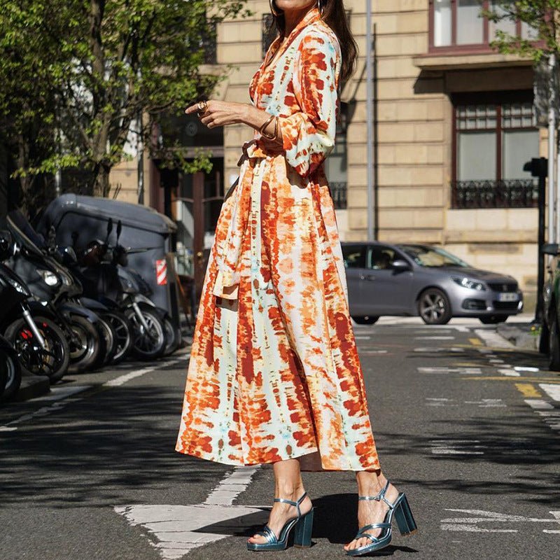 Women's Fashion Printed V - neck Belt Midi Dress - PratSN