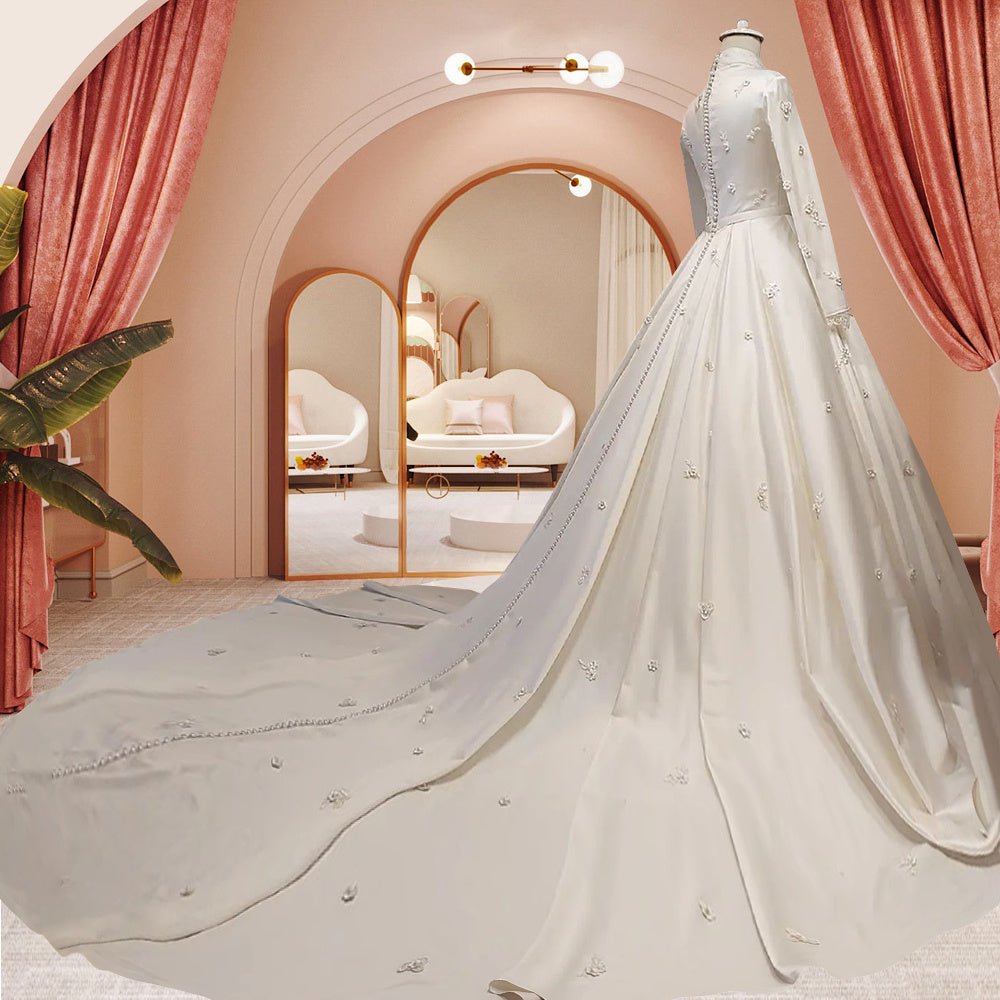 Women's Fashion Temperament Satin Stand - up Collar Long - sleeved Wedding Dresses - PratSN