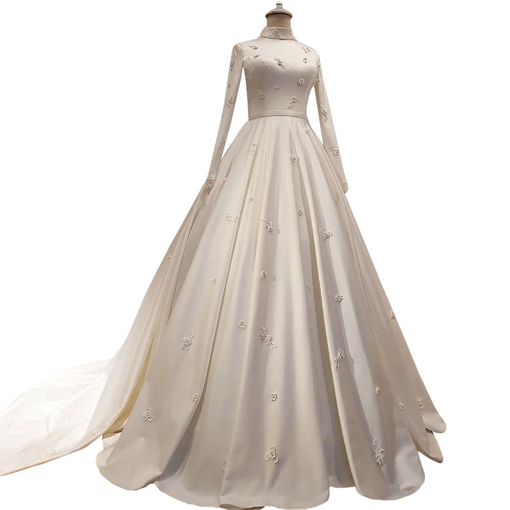 Women's Fashion Temperament Satin Stand - up Collar Long - sleeved Wedding Dresses - PratSN