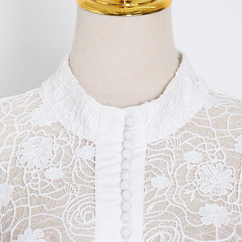 Women's Fashion Temperament Stand Collar Lantern Sleeve Design Sexy Lace Perspective Short Dress - PratSN
