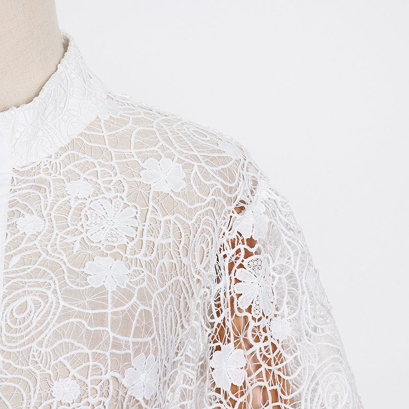 Women's Fashion Temperament Stand Collar Lantern Sleeve Design Sexy Lace Perspective Short Dress - PratSN
